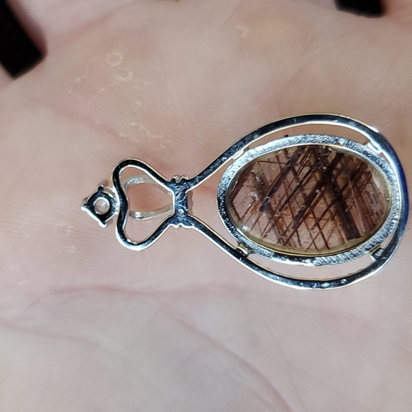 New Silver Wrapped Gold Rutilated Quartz Oval Rhinestone Crown Pendant. - Picture 12 of 12